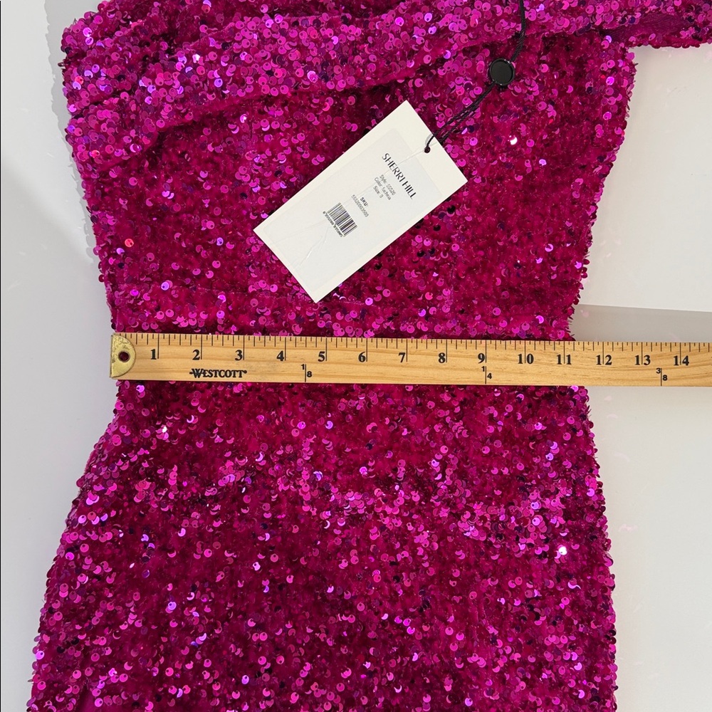 NWT Sherri Hill Fuchsia Sequins Gown Size 0 One Shoulder High Slit - Picture 10 of 15